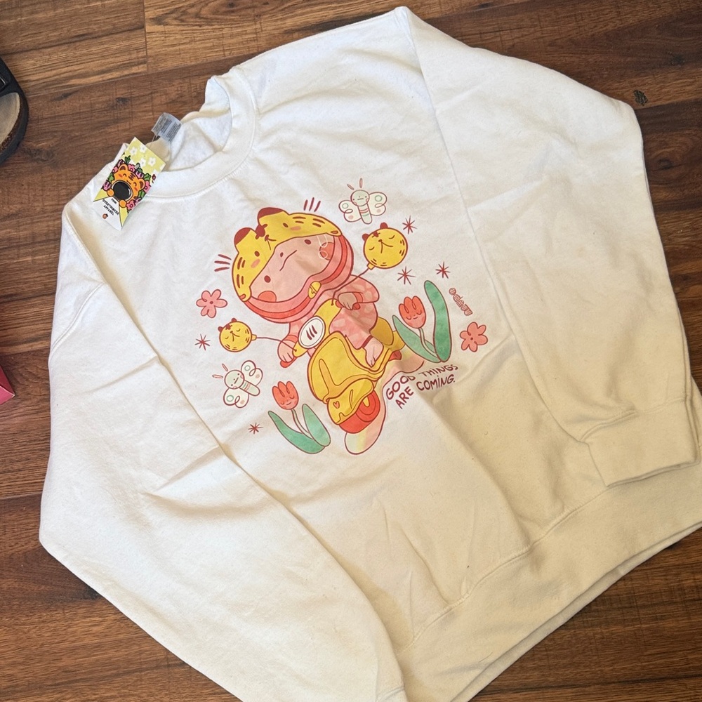 Overthink Apparel White Graphic Sweatshirt good things are coming